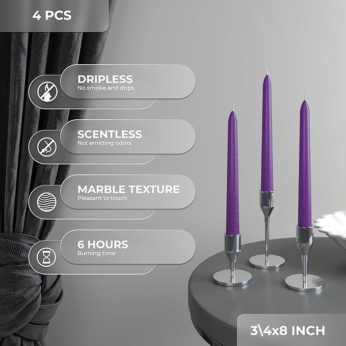 CANDWAX Purple 8 inch Taper Candles Pack of 4 - Unscented Smokeless Dripless Long Burning Tapered Candlesticks - Perfect as Christmas Candle Sticks for Home Decor - Purple Taper Candles