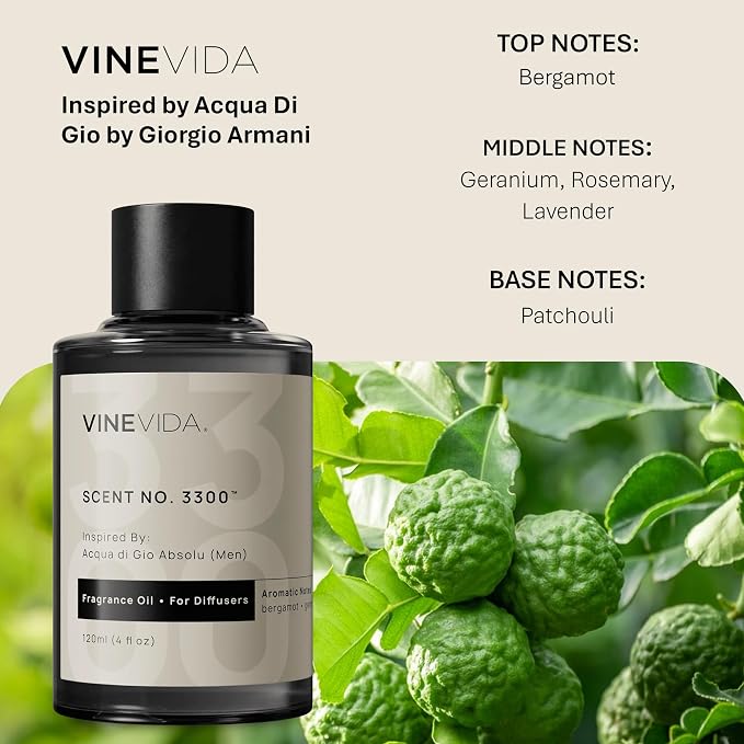 VINEVIDA [4 Fl Oz] Scent NO. 3300 Fragrance Oil for Cold Air Diffusers, Aromatic Notes of Bergamot Geranium Patchouli, Essential Oils for Diffuser Oil Refill & Air Freshener Room Spray