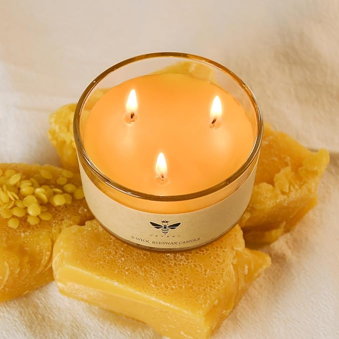 DEYBBY Beeswax Jar Candle - 3 Wick Beeswax Candle Gift - Handpour Candle with Natural Scent for Home Decor Bath Relaxation Houusewarming Gift