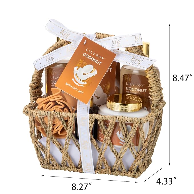 Coconut Spa Gifts Bath Kit, 7Pcs Moisturizing Spa Gift Basket for Women & Men