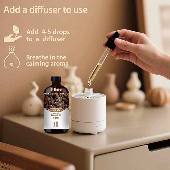 Myrrh Essential Oil, Myrrh Oil for Meditation, Diffuser, Humidifier, Massage, DIY Soap, Candle, Skin Care, Yoga, Gift Ready, Myrrh Fragrance Oil - MLYNKL Essential Oils (16.33 fl oz / 490ml)