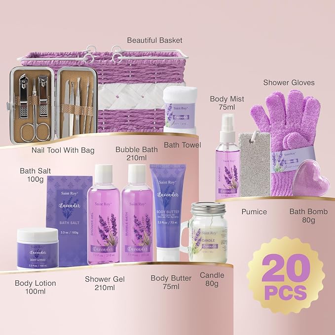 21Pcs Spa Gift Set Bath and Body Gift Basket Set Care Kit, Spa Bath Basket | Lavender Home Spa Gifts for Woman Body Care Set, Relaxing Sets for Women & Men, Spa Kit, Birthday, Christmas, Anniversary