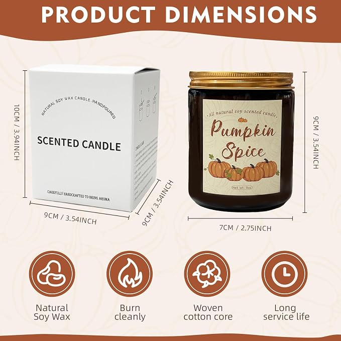 Pumpkin Spice Soy Wax Candle, Fall Seasonal Decor, 50+ Hours Burn Time, Halloween & Thanksgiving Gift, Eco-Friendly