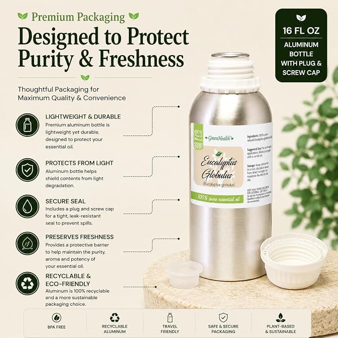 2 Bottles – GreenHealth Eucalyptus Essential Oil – 16 fl oz Each (32 fl oz Total) – 100% Pure & Uncut – Bulk Aromatherapy Oil in Aluminum Bottles – for Diffuser, Cleaning, DIY, Home Fragrance