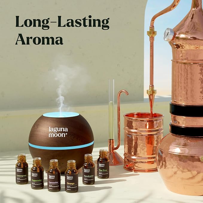 Lagunamoon Essential Oils Aromatherapy Set - 6 Oils for Diffusers, Home Care, Candle Making Scents, Fragrance, Humidifiers, Gifts - Peppermint, Tea Tree, Lavender, Eucalyptus, Orange (10mL)