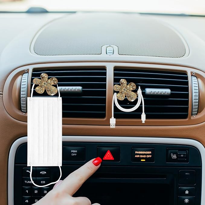 Daisy Air Vent Clips, 3 Pcs Cute Flower Crystal Rhinestone Car Air Conditioning Outlet Clip Vehicle Air Freshener Clip Charm Car Inter Decor Accessories for Women (Golden, 1.6inch)