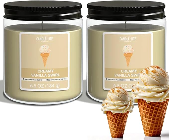 Candle-Lite 2 Pack Scented Candles, Creamy Vanilla Swirl, 6.5 oz Jar, Proudly Poured in The USA, Aromatherapy Candle Set, Single-Wick with 40 Hours of Burn Time, Ideal Gift for Men and Women
