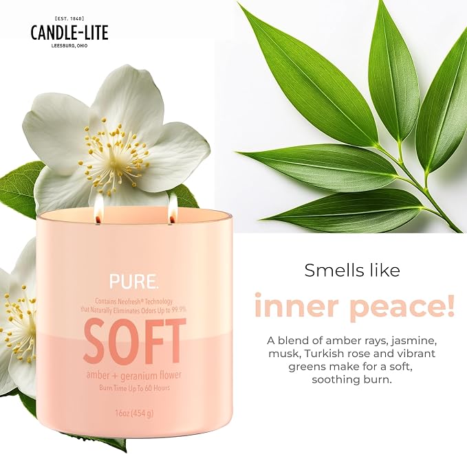 Candle-Lite Pure Amber & Geranium Flower Odor Eliminating Scented Candles, Neofresh Technology Eliminates 99.9% of Odors, 16 oz 2-Wick Jar, Proudly Poured in The USA, Up to 60 Hours Burn Time