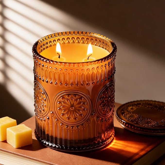 2-Wick Beeswax Candles in Jar, Natural Beeswax Candles in Amber Glass for Air Purification, Honey Aroma Jar Candle for Home Scented Decor, Gift for Women & Men, Fragrance Free, Paraffin Free