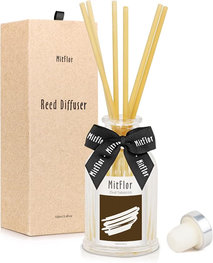 Reed Diffuser, MitFlor Oud Tobacco Fragrance Diffuser Gift Set, Woody Scent Diffuser with 6 Natural Rattan Sticks, Sleek Bedroom, Bathroom and Home Décor, 3.4 fl oz