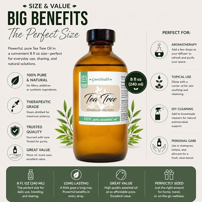GreenHealth Tea Tree Essential Oil - 8 fl oz (237 ml) Glass Bottle with Cap - 100% Pure Essential Oil
