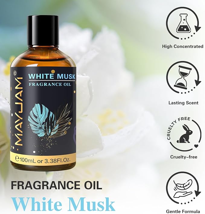 MAYJAM 100ML/3.38FL.OZ White Musk Fragrance Oils with Glass Dropper, Essential Oils for Diffusers for Home, Long Lasting Scented Oils for Diffusers Soap Candle Making