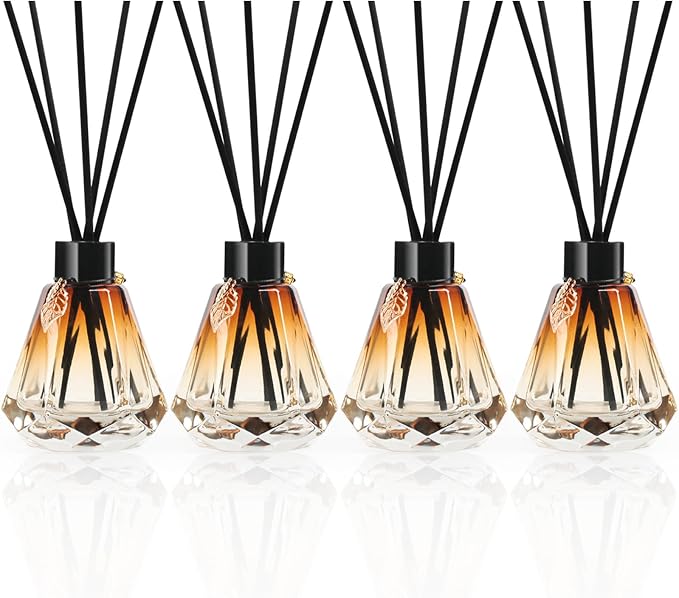 Reed Diffuser Set - 4 Empty Bottles with 20 Sticks, Delicate Gold Leaf Decor, Glass Fragrance Diffuser with Lids for Home, Bathroom | Refillable, Diamond Style (4 PCS Black)