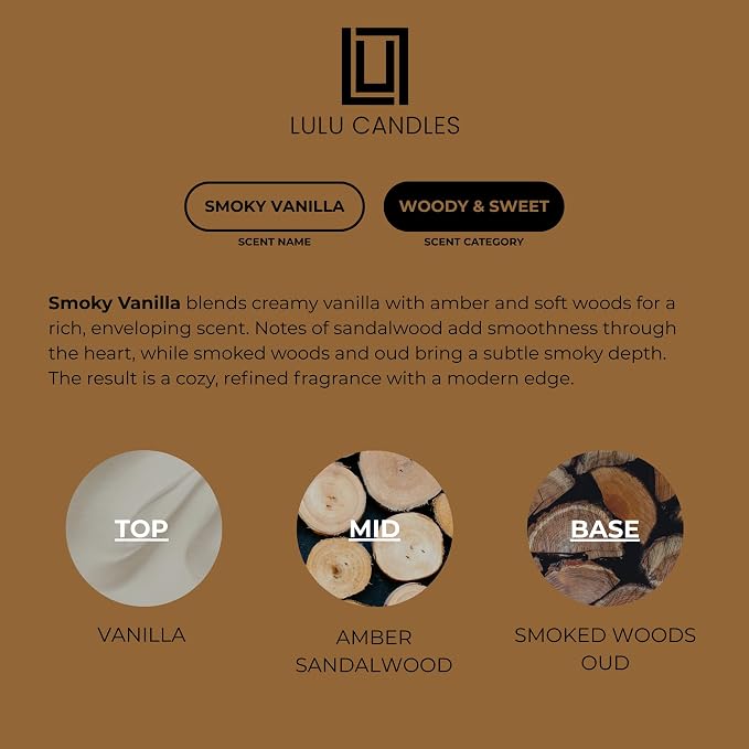 Lulu Candles | Smokey Vanilla | Smells Like Wood & Vanilla | Luxury Scented Soy Jar Candle | Hand Poured in The USA | Highly Scented Long Lasting (9 Oz.)