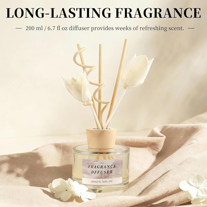 6.7 fl oz Reed Diffuser Set, Blooming Hills with Blush Petals Scent, Essential Oil Diffuser with Reed Sticks, Air Freshener for Home Fragrance, Bathroom Decor, Bedroom, Office Shelf Décor