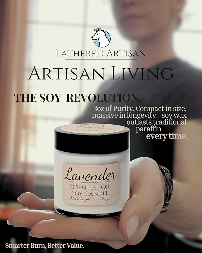 Pure Lavender Essential Oil Apothecary Candle - 3oz High-Potency Soy Wax - Real Botanicals & Crackling Wood Wick - Stress Relief & Sleep Ritual - Small Batch Luxury by Lathered Artisan
