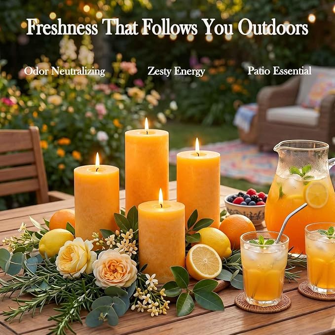 Orange Lemongrass Scented Pillar Candles 4 Pack, 60 Hours Long Lasting Burn Natural Essential Oils,2.8 x 4 in - Fresh Citrus Scent for Outdoor Patio & Home Refresh,Natural Repellent Vibes& Home Spa