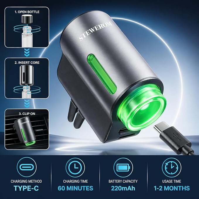 Car Air Freshener - Smart Adjustable 3-Speed Intensity, Rechargeable Humidifier Car Essential Oil Diffuser - Comes with 8 Bottles of 10ml Perfume (Gray)