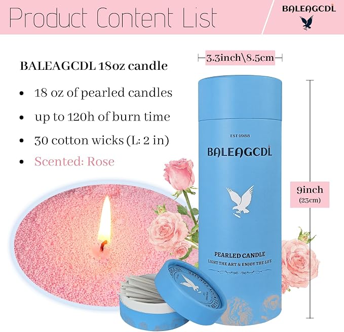Pearled Candle 18 Oz with 30 Wicks - Rose Scented Sand Candles Pink Refillable Wax Lasts up to 120 Hours - Smooth and Clean Burning for Candle Making Lover’s Gifts