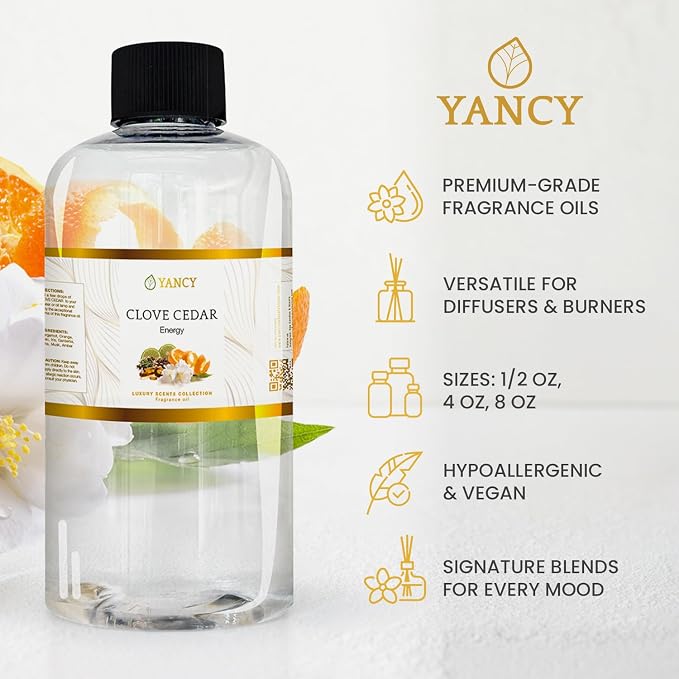 YANCY Clove Cedar Luxury Collection Fragrance Oil (1/2 oz), Earthy Clove and Cedarwood Aroma, Versatile Scent for Diffusers, Oil Burners & Aroma Lamps, Grounding Fragrance for Cozy Vibes