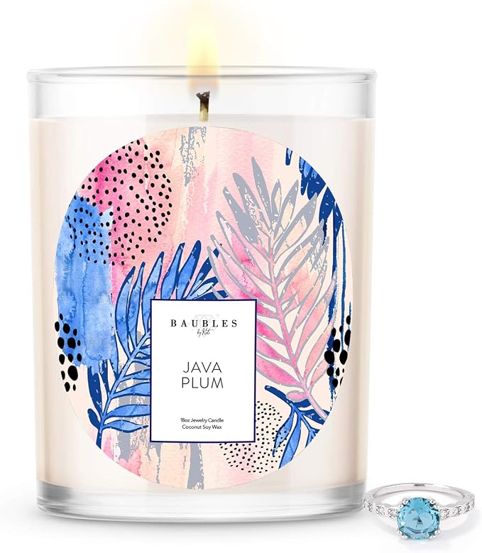 Baubles Java Plum Scented Premium Candle and Jewelry with Surprise Ring Inside | 18 oz Large Candle | Made in USA | Parrafin Free | Size 06