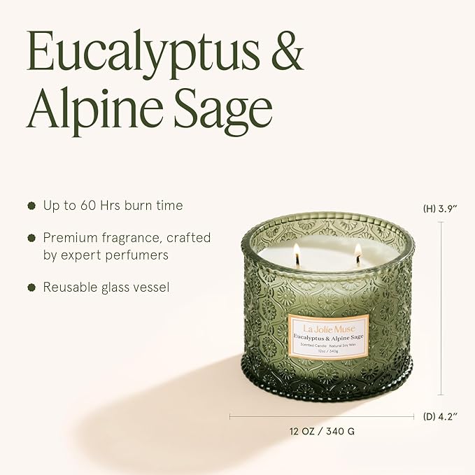 LA JOLIE MUSE Eucalyptus Sage Fresh Scented Candles for Home, Soy 2-Wick | 12 oz Large Jar Luxury Candle, Clean Non Toxic Wax, Gifts for Women & Men, Relaxing Aromatherapy Candles, Decorative Candles