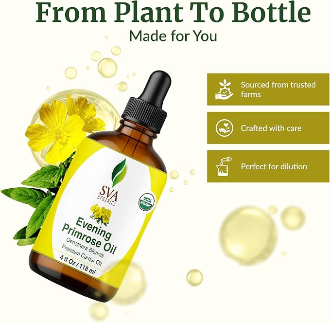 SVA Evening Primrose Oil Organic - 4 Fl Oz – 100% Natural Cold Pressed Organic Evening Primrose Oil - for Face, Skin Care, Hair Care, Scalp Massage & Body Massage – Carrier Oil with Dropper