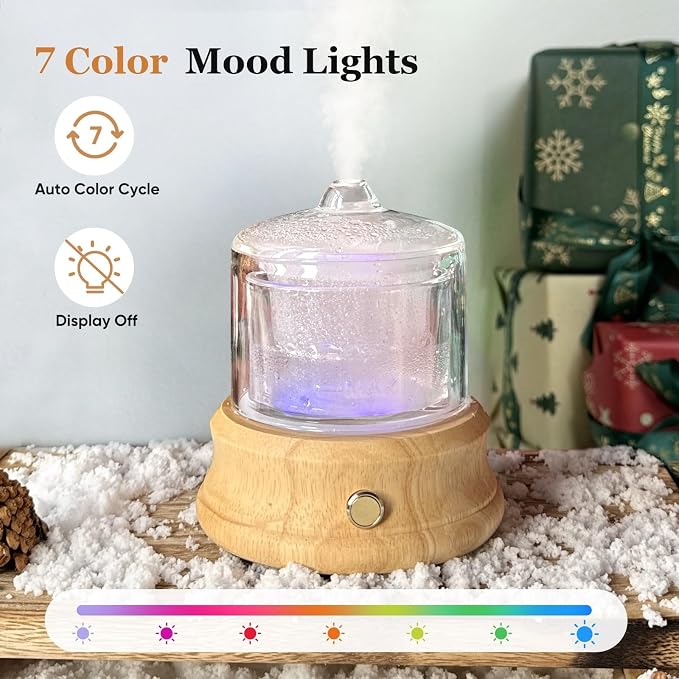 Lecdura 80ML Glass Essential Oil Diffuser with Glass Reservoir & Wood Base, Small Ultrasonic Aroma Diffusers with Auto-Off 7 Color for Home Office Bedroom Yoga