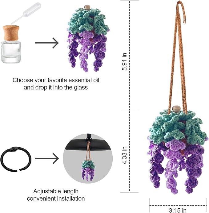 Crochet Car Air Freshener, Empty Refillable Oil Diffuser Bottle with Hanging Crochet Plant for Car Rearview Mirror Decor, Handmade Home and Office Decor (Violet)