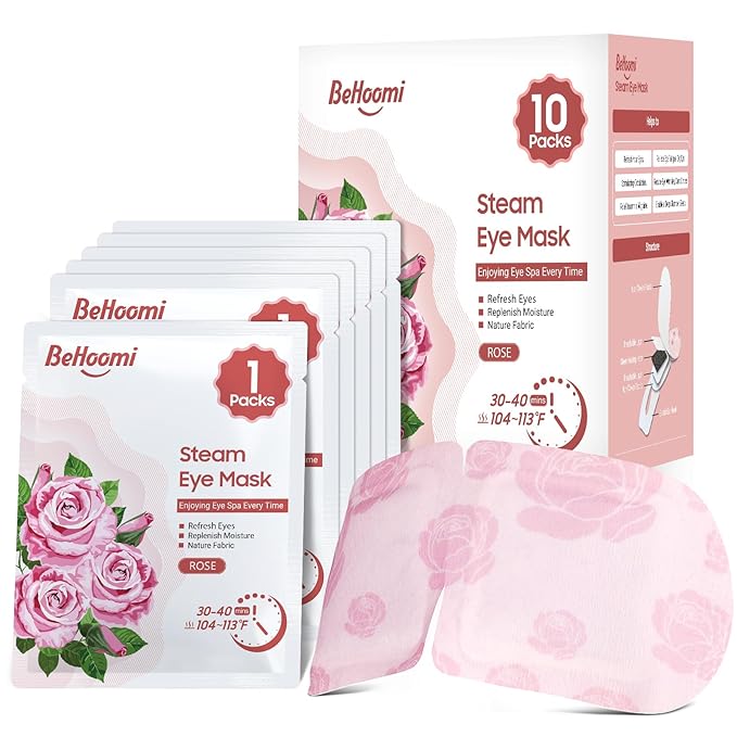 BeHoomi Steam Eye Mask, 10Packs Heated Eye Mask, Self Heating Disposable SPA Warm Compress for Eyes Sleep Mask, Travel Essentials & Relaxation Gifts for Women (Rose Scent)