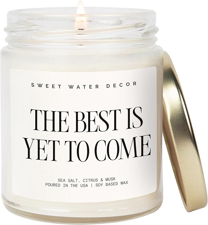 Sweet Water Decor The Best Is Yet To Come, Sea Salt Citrus Musk Amber Scent, 9oz Soy Candle, Gold Lid, Non-Toxic, Gift for Engagement, Graduation, Retirement, Wedding, Bridal Party, 40+ Hour Burn Time