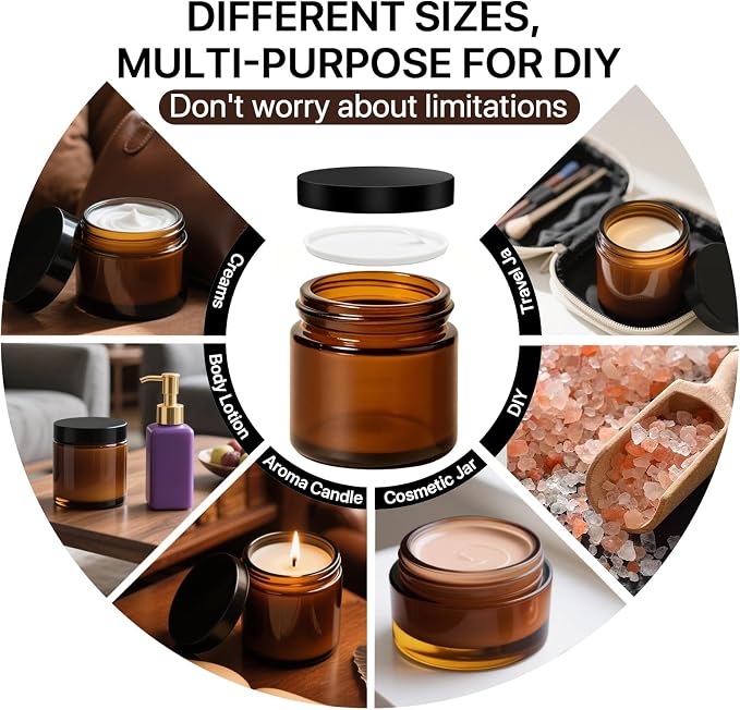 2OZ Amber Jars with Lids, 18 PCS Amber Small Glass Jars with Black Lids – Complete DIY Kit with 18 Spatulas & 24 Colorful Labels – Perfect for Homemade Creams, Lotions, Candles, Travel & Gift Sets