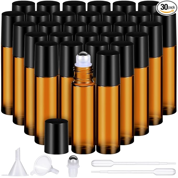 Domensi 30 Pcs Essential Oil Bottles, 10 ml Glass Bottle with Stainless Steel Roller Ball and Cap for Travel, Perfume, Lip Balm, 2 Funnels, 0.5 ml Dropper(Amber)
