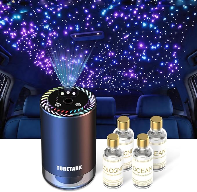 Smart Car Air Freshener with Star Light & 200ml Diffusers Oil Refills, Auto On/Off Aroma Diffuser, 3 Adjustable Mist Modes Aromatizante para Carro - Starlight Headliner Kit（Cologne*2+Ocean*2）
