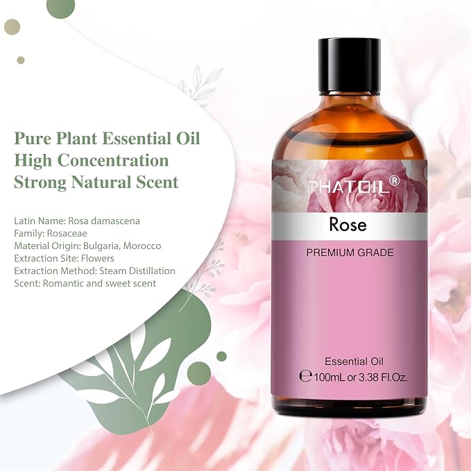 PHATOIL 3.38FL.OZ Rose Essential Oil with Glass Dropper, for Aromatherapy Diffusers, Humidifiers, Great for DIY Candle and Soap Making, Huge 100ML Bottle