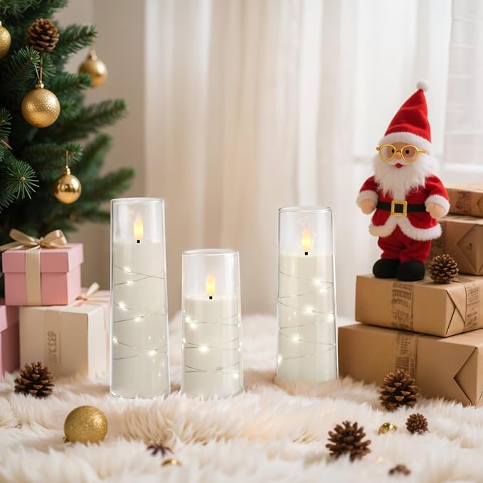 Raycare Flameless Candle with Remote Timer – 5 Flickering Acrylic Battery Operated LED Pillar Candles with Embedded Star String for Christmas, Wedding, Home Decor, and as a Gift(White)