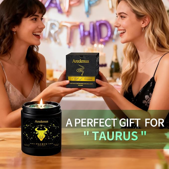 Taurus Birthday Gifts Candle | Zodiac Crystal Candles with Green Aventurine Healing Crystals - Balsamic Cedar Woody Scented Soy Candle, 7oz 50 Hour Burn, Unique Spiritual Astrology Gifts for Women Men