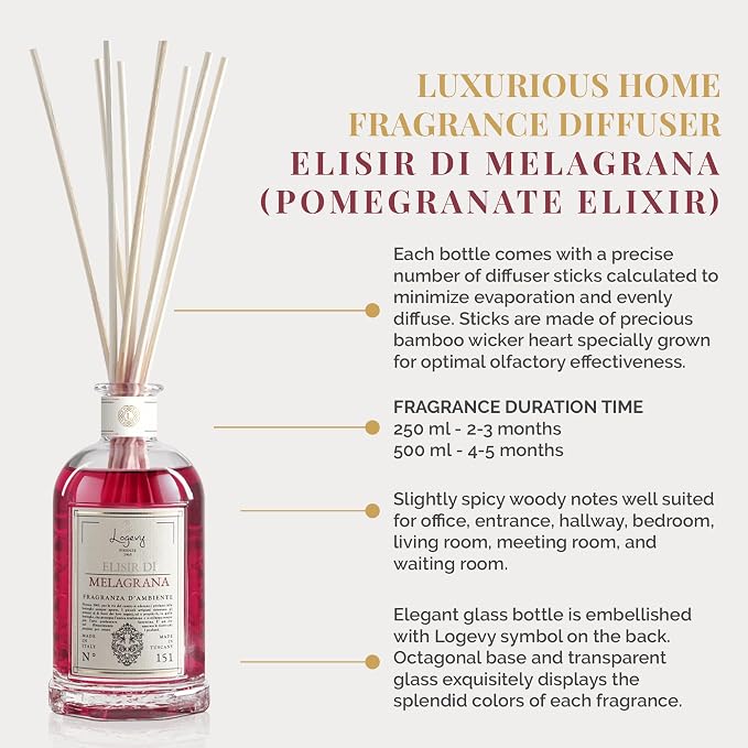 Logevy Firenze 1965 Elisir Di Melagrana – Pomegranate Elixir Luxury Home Fragrance Diffuser with Floral & Fruity Notes in Elegant Glass Bottle with 12 Natural Bamboo Reeds – 500ml