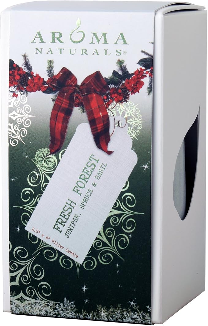 Aroma Naturals Holiday Juniper, Spruce and Basil Essential Oil Pillar Candle, Fresh Forest, 2.5 inch x 4 inch
