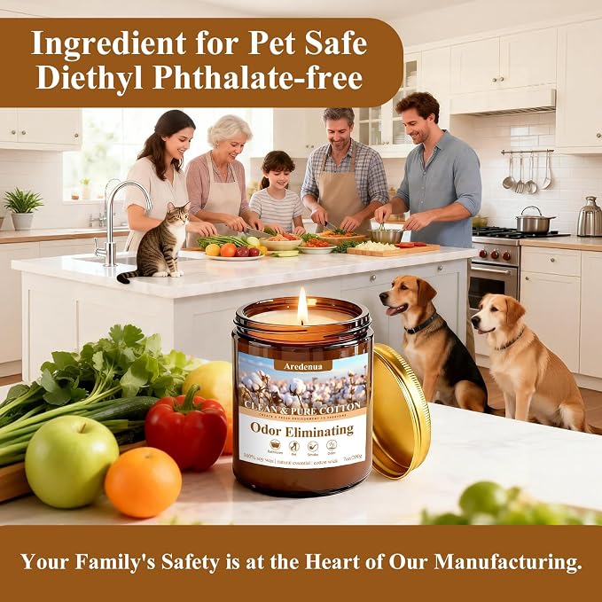 Clean & Pure Cotton Odor Eliminating Candles | Eliminates 95% of Pet, Smoke, Food & Other Smells – Fresh Air Scented Candle Gentle for Family - Up to 50 Hour Burn time - 7 Oz Natural Soy Wax