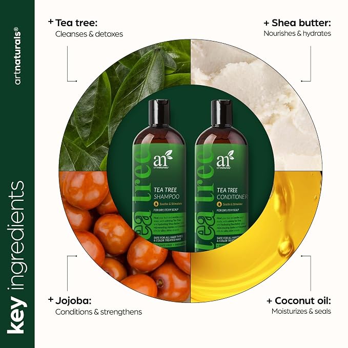 artnaturals Tea Tree Shampoo and Conditioner Set - (2 x 16 Fl Oz / 473ml) – Sulfate Free – Therapeutic Grade Tea Tree Essential Oil - Deep Cleansing for Dandruff, Lice, Dry Scalp and Itchy Hair