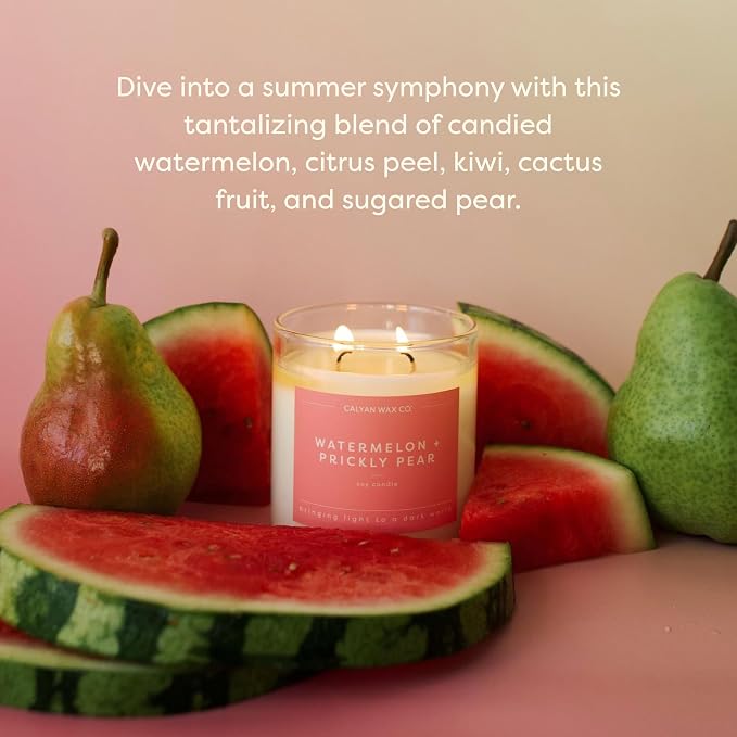 Calyan Wax Co. Watermelon & Prickly Pear 2 Wick Scented Candle - 37 Hour Burn - Luxury Clean Soy Wax Candles - Long Lasting Large Glass Jar Candle for Home - 8.8oz