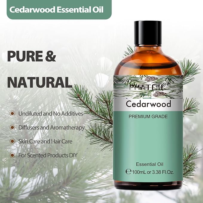 PHATOIL Cedarwood Essential Oil Pure 3.38Fl Oz - Natural Aromatherapy Oil for for Hair Care, Body Skin Care, DIY Candle, Soap Making 100mL