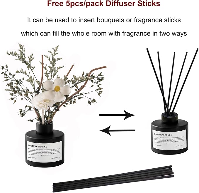 Reed Diffuser Set with Dried Flowers, 3.38fl.oz Fragrance Diffuser with Sticks, Scented Sticks Aroma Diffuser, Home & Office Décor for Air Fresheners, Bathroom (Jasmine Tea)