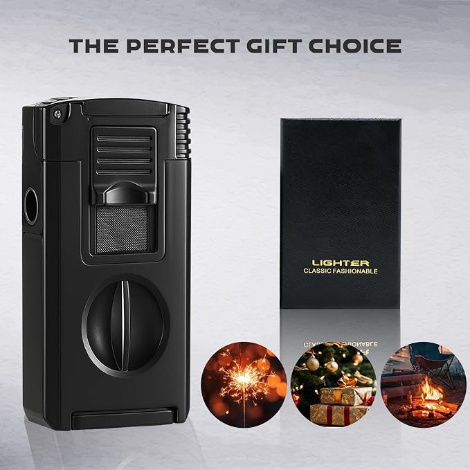 5-in-1 Dual Jet Flame Butane Torch Lighter Built-in V Cutter, Punch, Holder, Draw Enhancer Tool, Windproof Refillable Butane Lighter Gift for Men, Cool Lighters for Candle, Outdoor (No Gas)