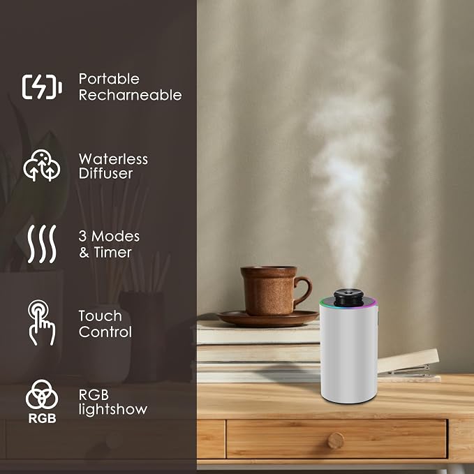 Waterless Essential Oil Diffuser with 8 Color LED Night Light, 3 Mist Levels & Timers, Portable Rechargeable Aromatherapy Diffuser for Home Car Room Studio Office, Metal (Silver)