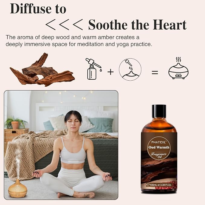 PHATOIL 3.38FL.OZ Oud Warmth Fragrance Oils for Aromatherapy, Essential Oils for Diffusers for Home, Perfect for Diffuser, Yoga, Skin Care, DIY Candle and Soap Making - 100ml