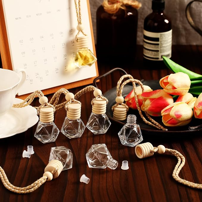 BBTO 50 Pcs Hanging Car Air Freshener Car Diffuser Bottles Empty Glass Perfume Bottle Freshener Diffuser Bottle Pendant for Essential Oil Fragrance Aromatherapy Ornament(Rhombus)