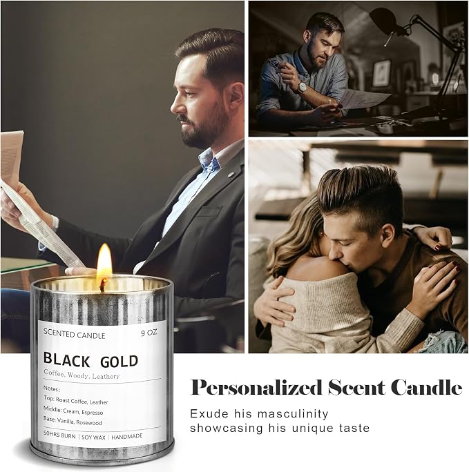 Scented Candle for Men - Man Cave Gifts Coffee Leather Woody Scent | 50Hr Burn Soy Wax Candle in Metal Tin (9oz) - Masculine Home Decor, Birthday Gift for Him
