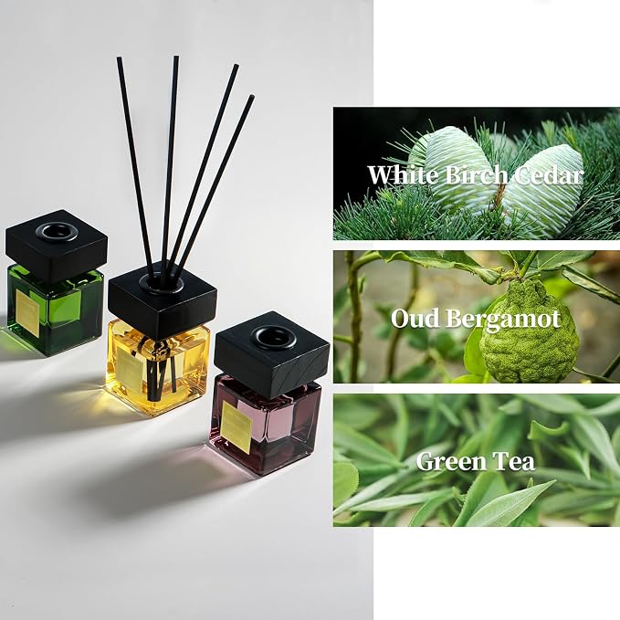 Reed Diffuser Set of 3, White Birch Cedar & Oud Bergamot & Green Tea Tree Essential Oil, 15 Diffuser Sticks, Hotel Collection Bathroom Air Fresheners, 50ml Home Fragrance for Christmas Decor